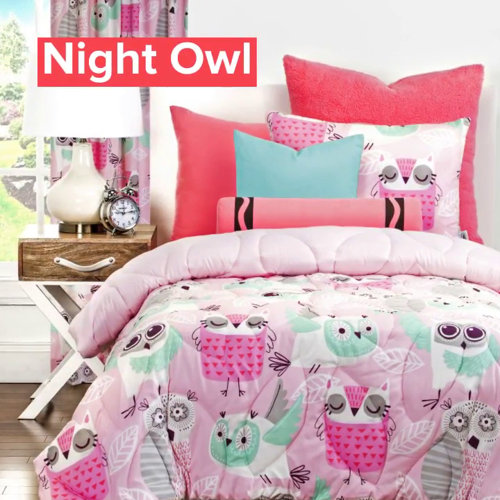 Crayola Night Owl Pink/Blue/Gray/Purple Microfiber Reversible Comforter